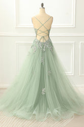 Gorgeous Green Tulle Spaghetti Straps Prom Dress with Appliques Details